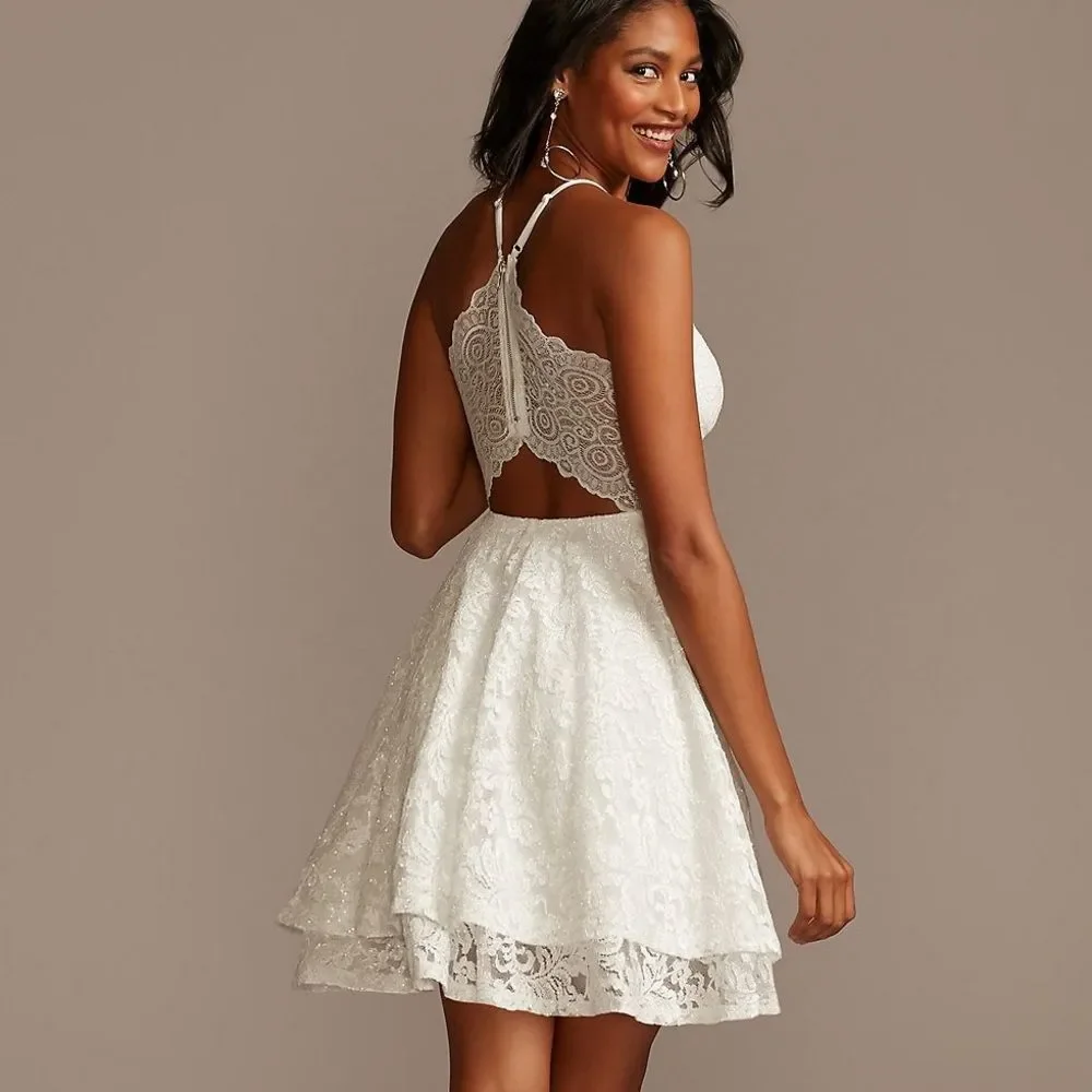 Emerald Sunday Glitter Lace Layered Hem Zippered Racerback Wedding Dress - Picture 3 of 10